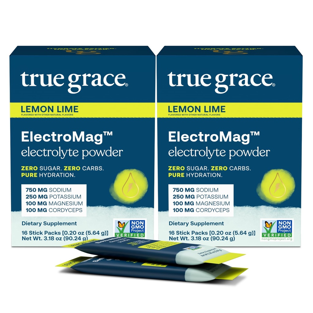 True Grace ElectroMag - 16 Stick Packs (Pack of 2) - לימון Lime - אבקה אלקטרוליטית עבור הידרציה מהירה - Sodium, Potassium, Magnesium & Cordyceps - Zero Sugar & Carbs - Non-GMO - 32 סך כל המשרתים