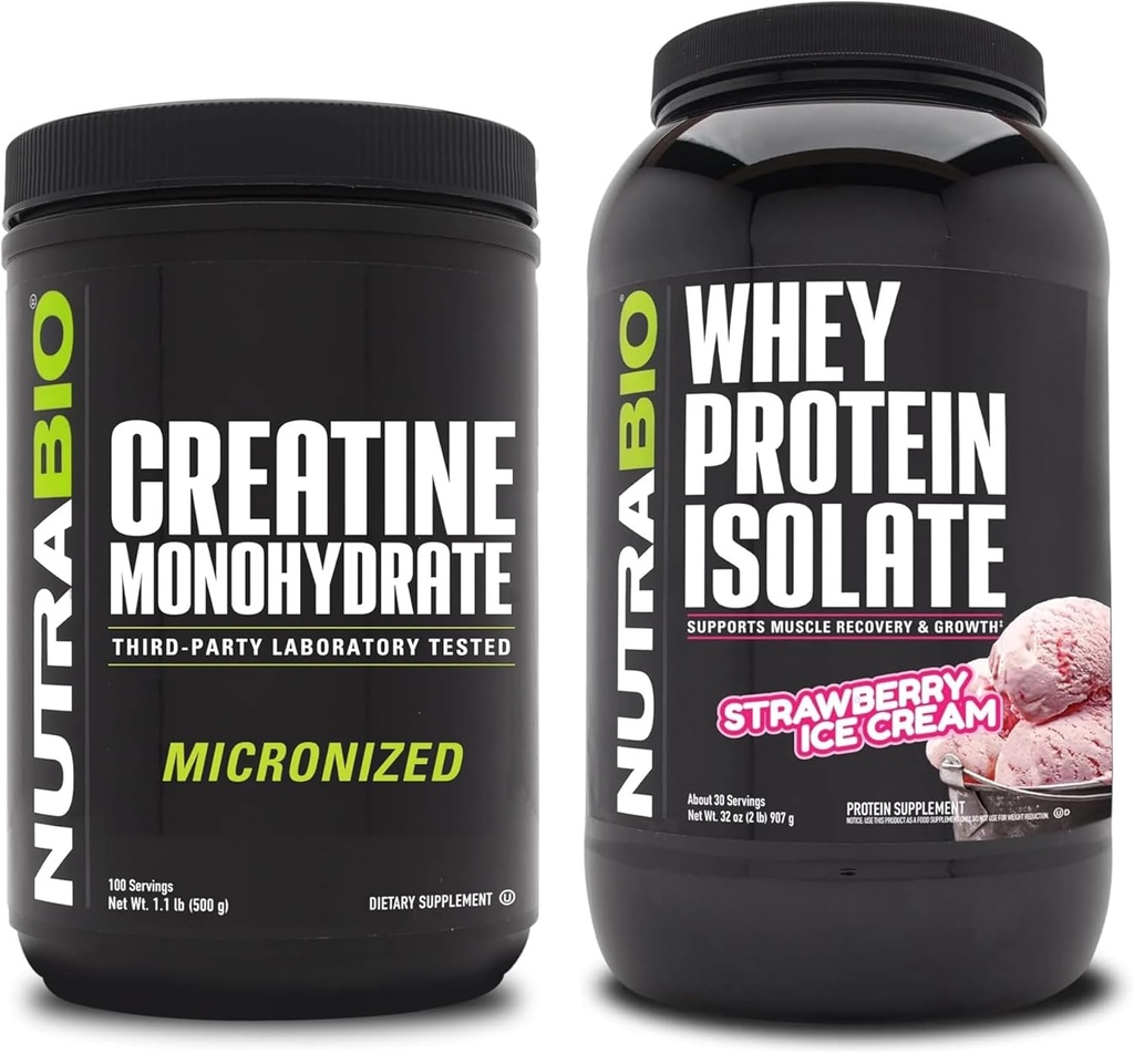 NutraBio Creatine Monohydrate, Unflavored, 500g ו- Whey חלבונים Isolate, קרם קרח סטרוברי, תוספת Bundle - שריר אנרגיה, Lean Growth, התאוששות וכוח