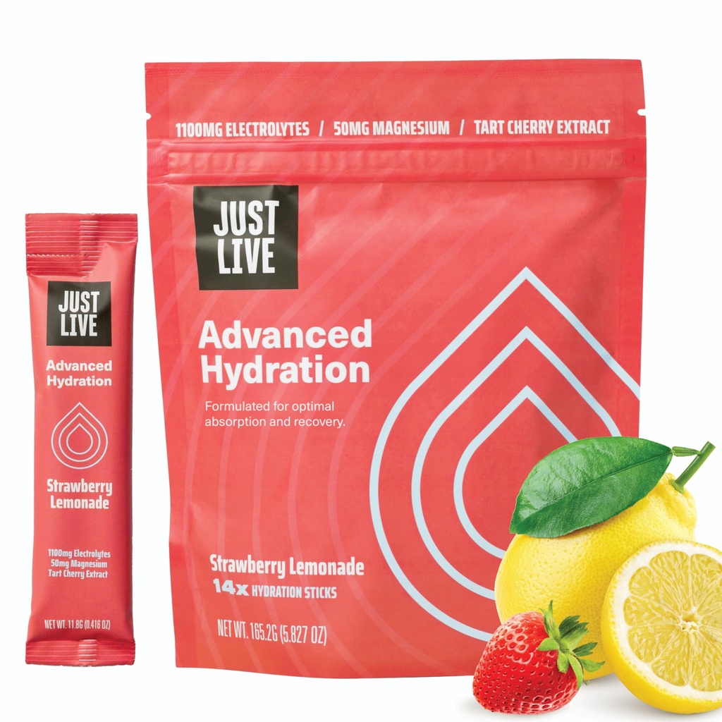 Just Live Advanced hydrotion - Strawberry Lemonade, Electrolyte Drink Mix, Tart Cherry Extract, Supports Recovery & Absorption, Low Sugar, 14 Pack
