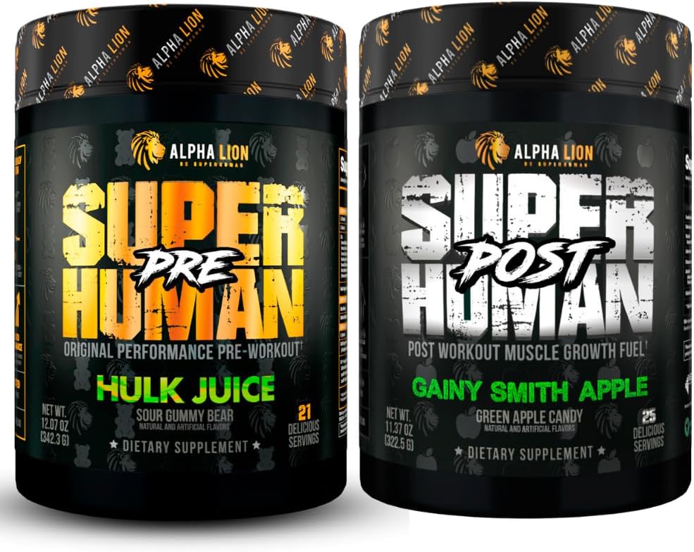 ALPHA LION Superhuman Pre Workout אבקת & Post Workout Recovery Bundle, Sustained Energy & Focus + Lean שריר צמיחה, כוח וכרך (Hulk Juice & Gainy סמית אפל)