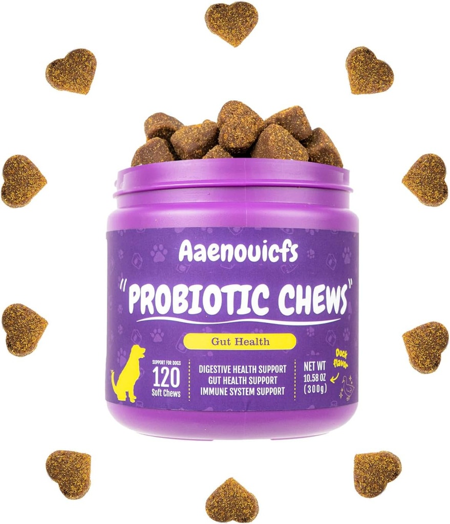 פרוביוטיקה לכלבים, Dog Probiotics and Digestive Enzymes,Health and Immune Support. Relieves Constipation, Bad Breath, Flatulence and Upset Stomach. Veterinarian התפתח, 120 Chews, Duck Flavor.