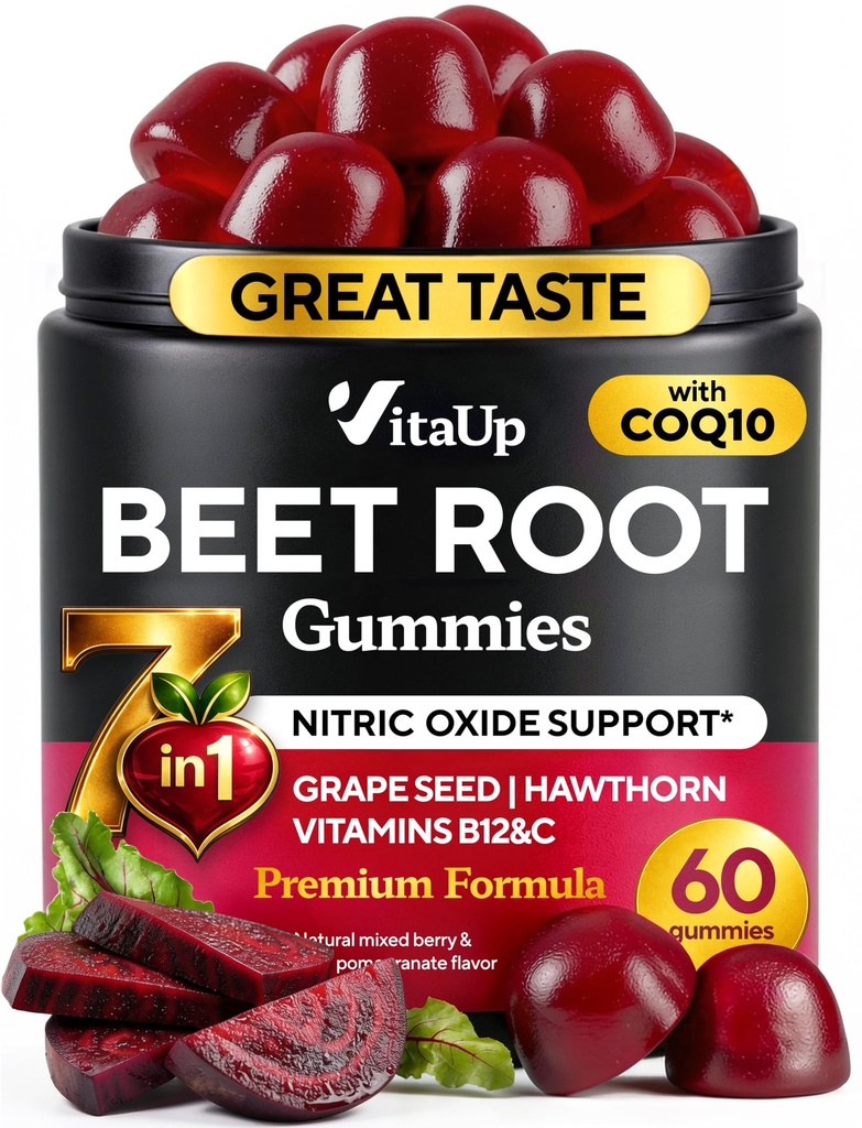 Beet Root Gummies - Beet Gummies - Red Beets Supplements with Beetroot, Grape Seed, Coq10, ויטמין C & B12 - 60 Beet Chews