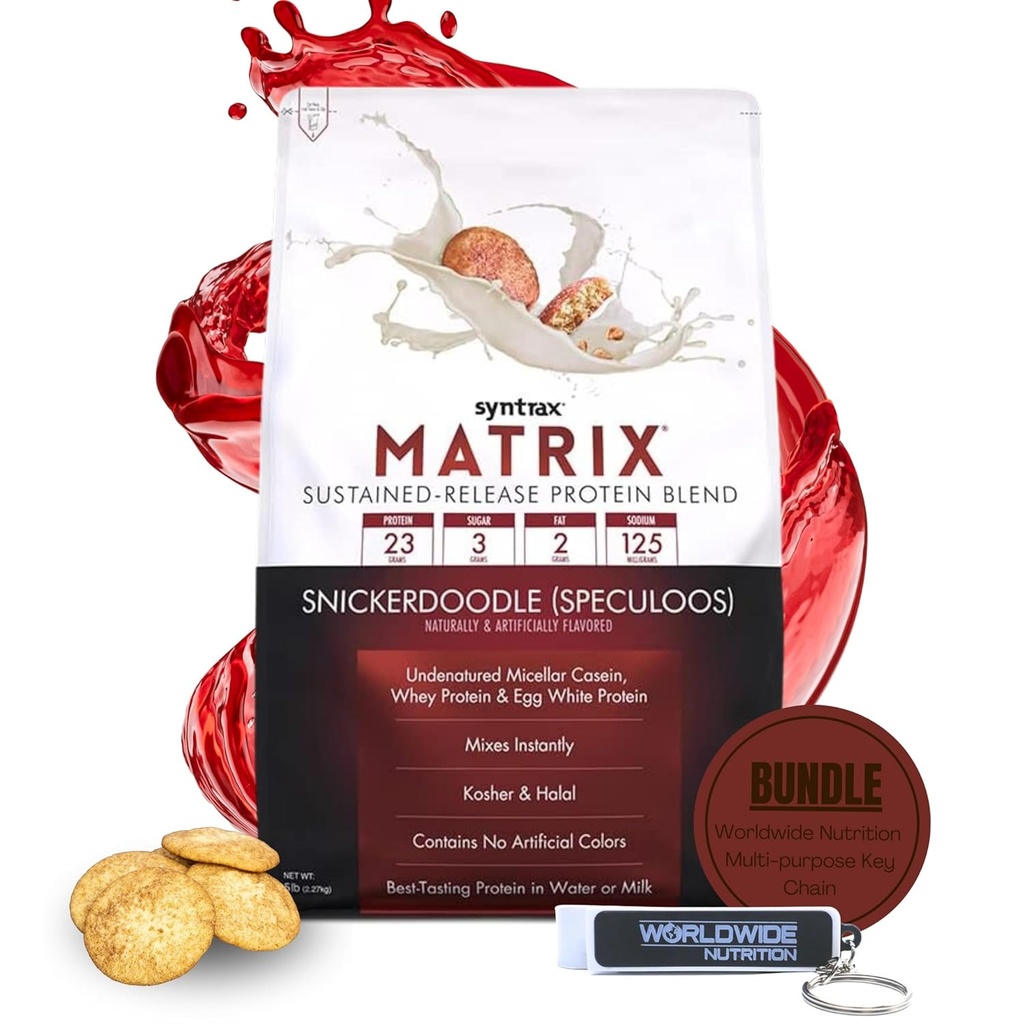 Syntrax Bundle: אבקת חלבון מטריקס Sustained-Release Casein חלבונים אבקת חלבון Whey - מיידית Mix Snickerdoodle חלבון אבקת פלפור, 5lbs עם תזונה גלובלית Keychain