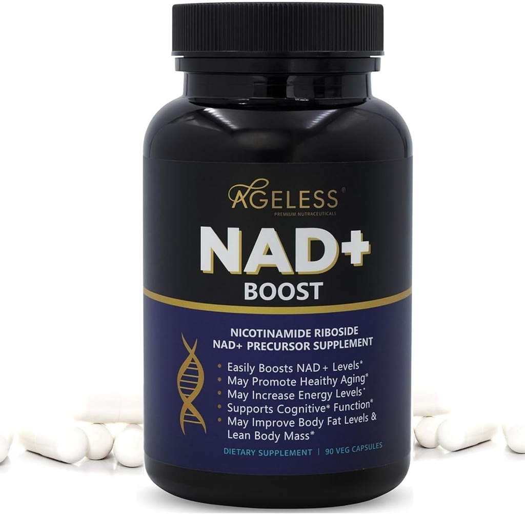 תוספי מזון ללא גיל NAD+ עבור נשים וגברים | 300 מ"ג Nicotinamide Riboside Chloride | תוספת תזונתית עבור Anti-Aging | תמיכה באנרגיה, מיקוד, Stamina, Fat Metabolism & פונקציונליות קוגניטיבית - 90 קפסולות