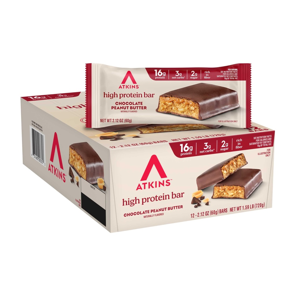 Atkins Chocolate Peanut Butter Protein Meal Bar, High סיבים, 16g חלבון, סוכר נמוך, 3g Net Carb, Low Carb, Keto Friendly, 12 Count