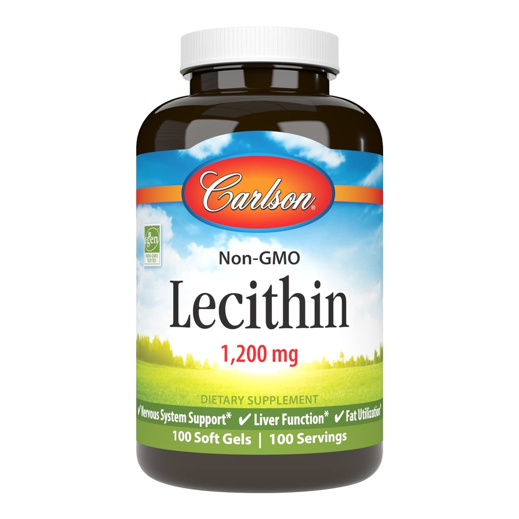 קרלסון - Lecithin, Non-GMO, 1200 מ"ג, מערכת העצבים ותפקוד Liver, Unbleached Soy Lecithin, 100 Softgels