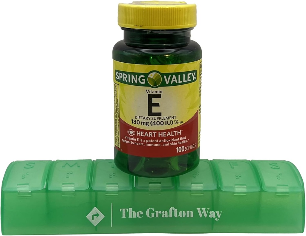 ויטמין עמק האביב E Dietary תוסף, 180 מ"ג, 100 Count with Complimentary Grafton Way PillPSKer