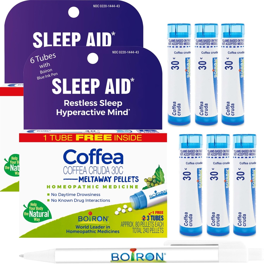 Boiron Coffea Cruda 30C - 6 Total Blue Tubes - Homeopathic Sleep Aid for Restless Sleep, Mental Hyperactivity, מחשבי מירוץ, וקשה לישון עם Blue Ink Pen
