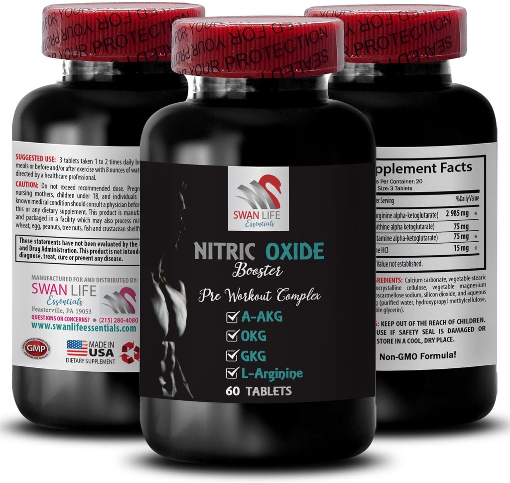 A-AKG - NITRIC OXIDE BOOSTER - תוספי תחמוצת nitric לגברים, אנרגיית פעילות גופנית, כוח משאבה, פורמולה כושר, סיבולת, מיקוד ביצועים, תערובת אנרגיה, חיזוק 1 בקבוק 60 טבליות