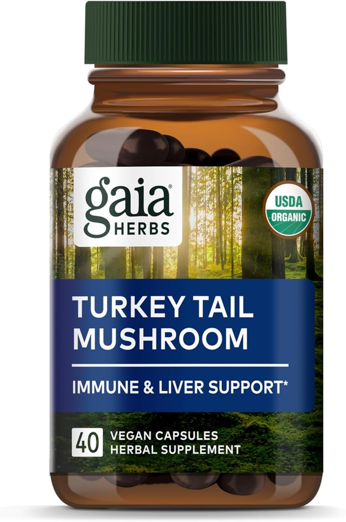 גאיה Herbs טורקיה Tail Mushroom - Immune Support תוסף כדי לעזור לשמור על בריאות Liver - עם אורגני טורקיה Tail Mushroom פריץ הגוף - 40 קפסולות טבעוניות