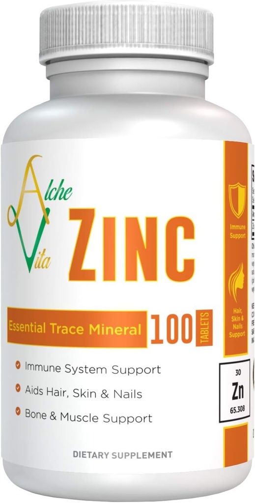 AlcheVita Zinc 50mg - High Bio-Availability - Essential Trace מינרלים - תוספת לתמיכה בחיסון, עצמות, תמיכה בעור ובשרירים