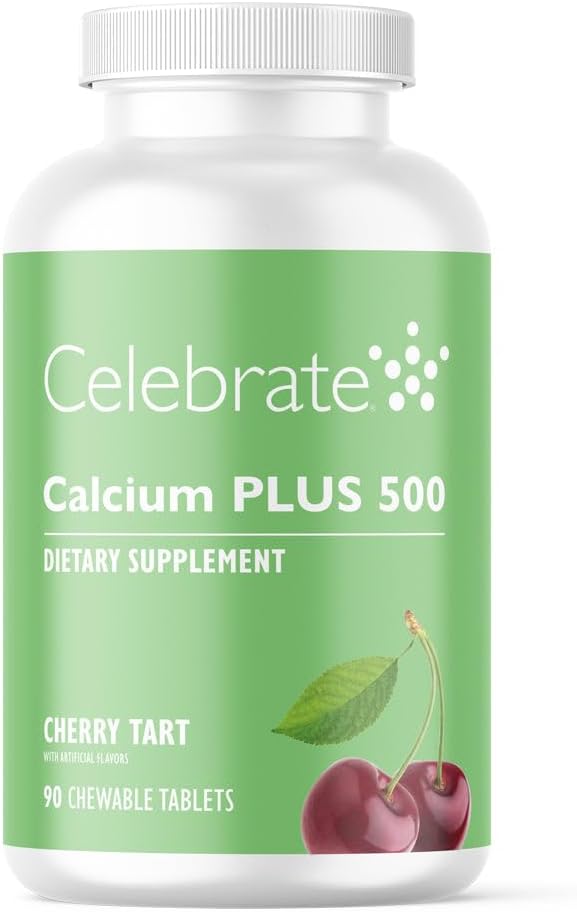 חוגגים ויטמינים Calcium Plus - 500 מ"ג Calcium Citrate, 333 IU ויטמין D3 & 34 מ"ג מגנזיום עבור ניתוח פוסט באטרי - Gluten-Free & Sugar-Free - Cherry, 90 טבליות צ'כוסות