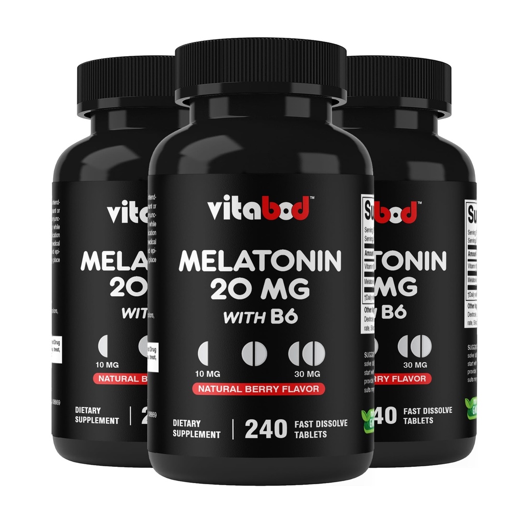 Melatonin 20 מ"ג - 240 טבליות מלוטשות מהירות - סמים חינם - טבעי ברי פלאמור - Vegetarian, non-GMO, Gluten Free240 Count (Pack of 3)