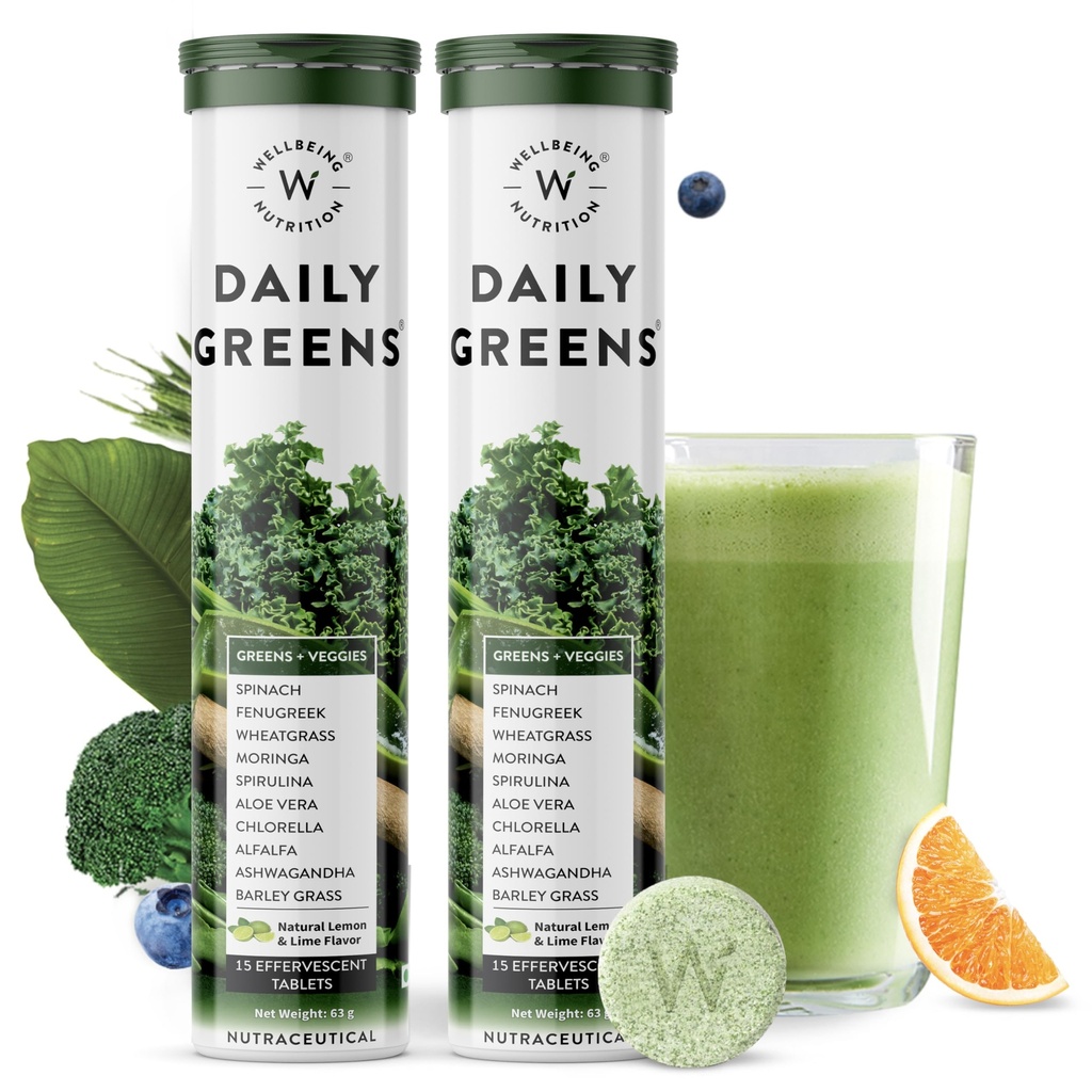 WellBEING NUTRITION Daily Greens, Wholefood Multivitamin עם ויטמין C, Zinc, B6, B12 עבור Immunity ו Detox עם 39+ צמחי מוסמך אורגני Superfoods & Antioxidantsentnsents x 2) (63 g (Pack of 2)