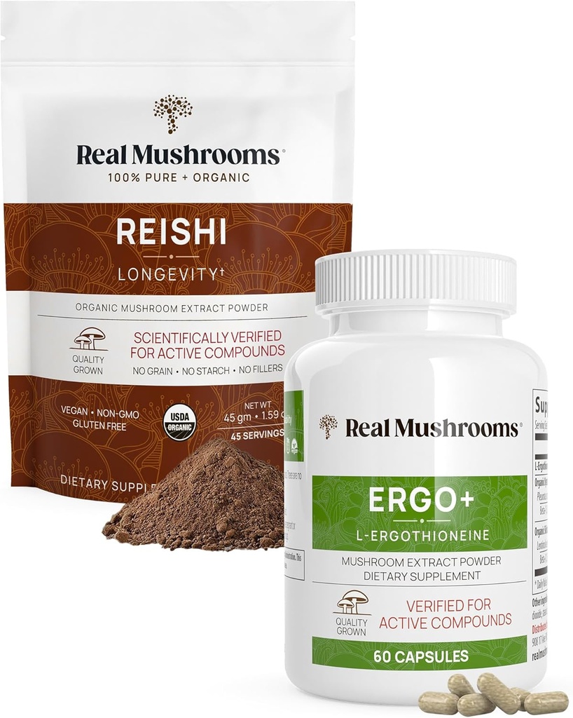 Real Mushrooms Ergothioneine (60ct) ו-Reishi אורגני אבקה (45 משרתות) בונדלה עם שייקו ו- Oyster Mushroom Extracts - Longevity and hipation -Vegan, Gluten Free, non-GMO