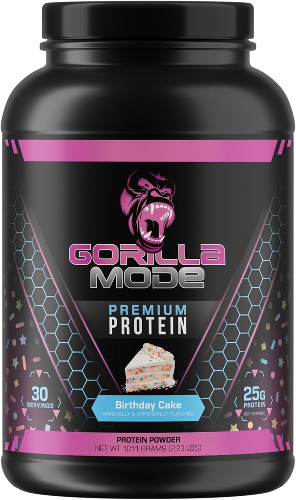 גורילה Mind Premium Whey חלבונים - עוגת יום הולדת, 25 גרמים של חלבון Whey חלבונים Isolate & Concentrate, Recover and Buildשרירים (30 משרתים)