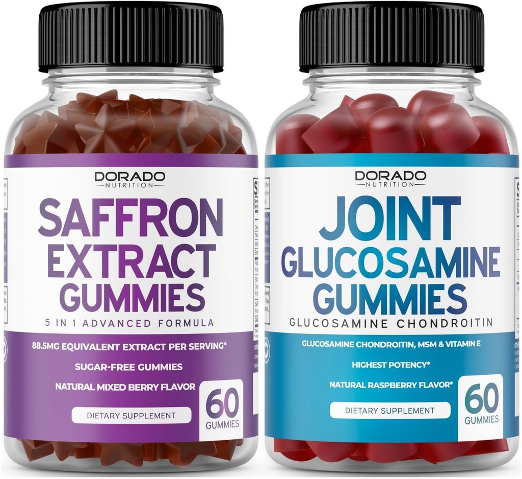 Saffron (60 חניכיים) Premium 5 ב 1 מתקדם פורמולה - Delicious Raspberry Flavor ו Glucosamine Chondroitin תוסף משותף (60 Count) תוסף משותף לגברים ונשים - טבעוני & Made בארה"ב