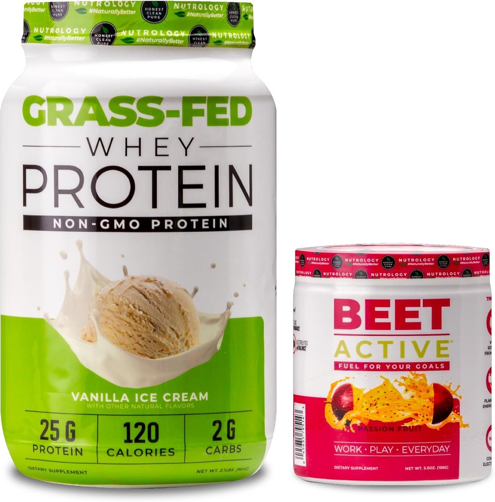 Nutrology Grass Fed Whey חלבון אבקת, תומך Lean שריר התאוששות וביצוע, Vanilla Ice Cream Flavor (28 משרתים) Beet Active, Natural Pre-Workout אבקת, תשוקה פרי פלאמור (המופע של Vanilla Ice Cream Flavor)