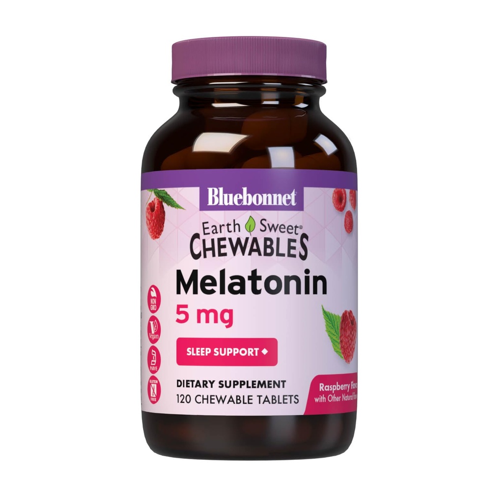 Bluebonnet Nutrition Earth Sweet Melatonin 5 מ"ג במהירות ניתוק לילה מהיר ותמיכה בשינה מנוחה - Sleep Aid - Gluten-Free, Vegan - Raspberry Flavor - 120 טבליות צ'ואובל