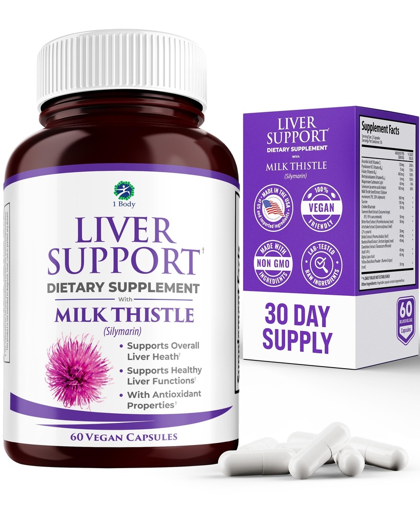 1 Body Liver Cleanse Detox & Repair – Milk Thistle Liver Support Supplement with Turmeric & Artichoke for Healthy Liver Function – Herbal Liver Health Formula for Fatty Liver - 60 Count