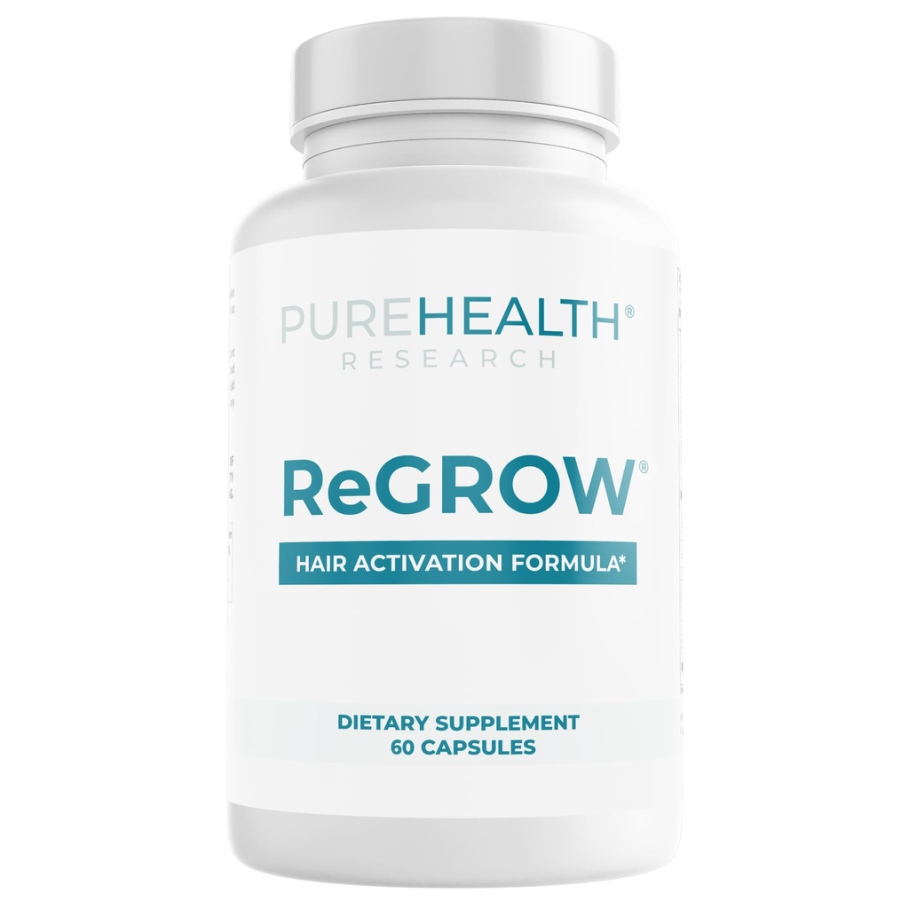 PUREHEALTH RESEARCH ReGrow - Hair Growth Vitamins - Hair Supplement for Scalp & Thickness Support - with Saw Palmetto, Biotin, Hydrolyzed Bovine Collagen, Hydrolyzed Keratin & More - 60 Capsules