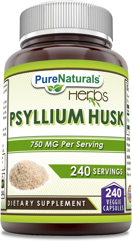 Pure Naturals Psyllium Husk תוסף | 750 Mg Per Serve | 240 Veggie קפסולות | Non-GMO | Gluten-Free | Made in USA