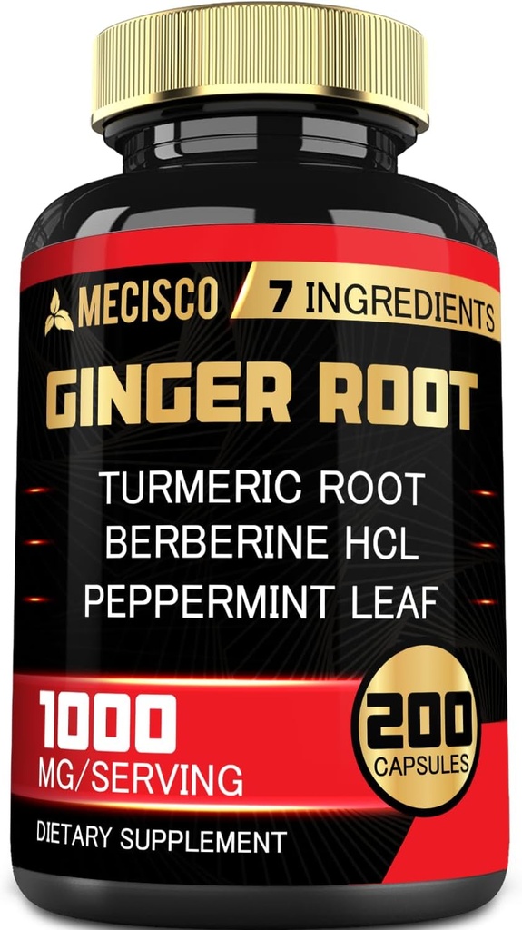 7-in-1 ג'ינג'ר Root תוסף עם Turmeric Curcumin, Berberine, Pepperנט Leaf, Astragalus Root, Ceylon Cinnamon, Beet Root - 200 קפסולות