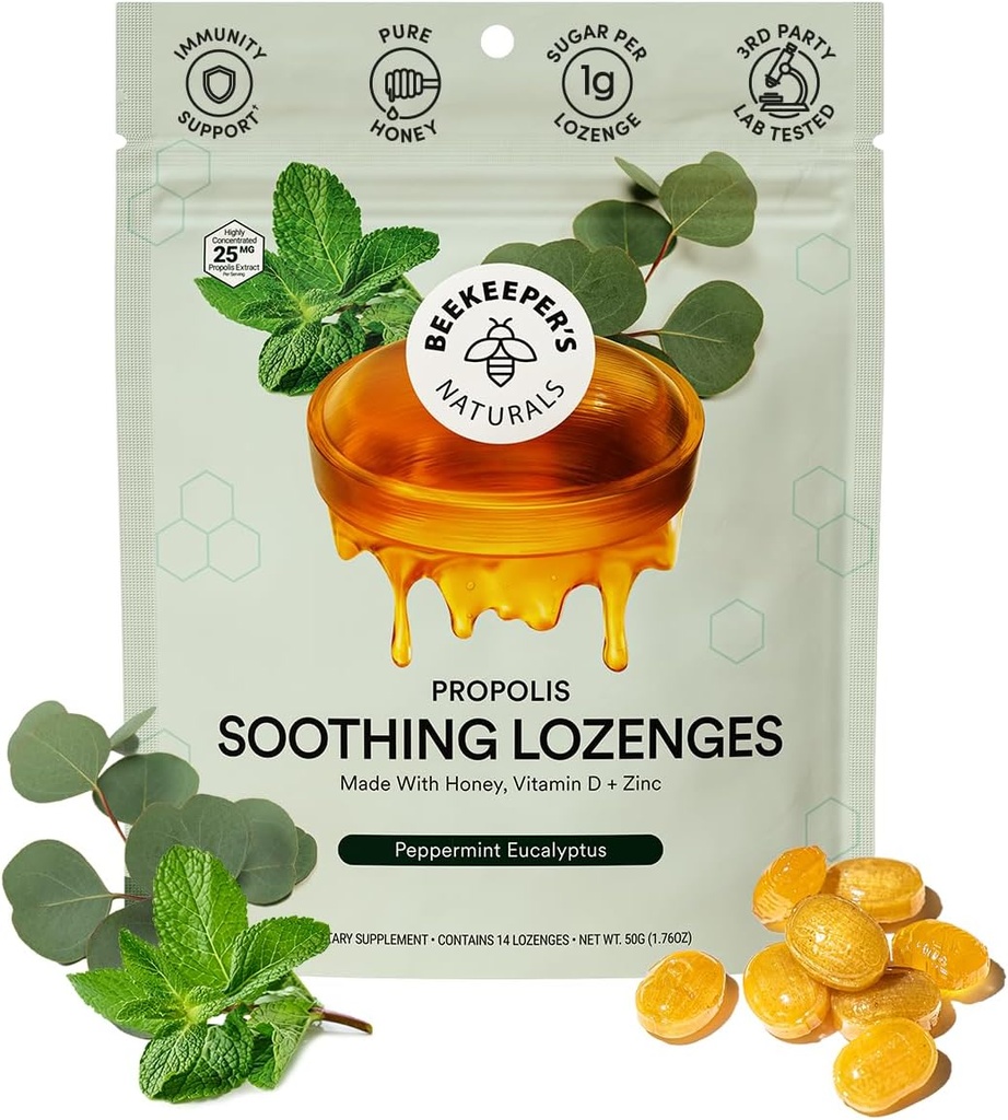 הטבעיות של Beekeeper Soothing Mint Eucalyptus Cough Drops, Immune תמיכה עם ויטמין D, Zinc ו Propolis, Cooling & גרון soothing Lozenges, 14 Ct