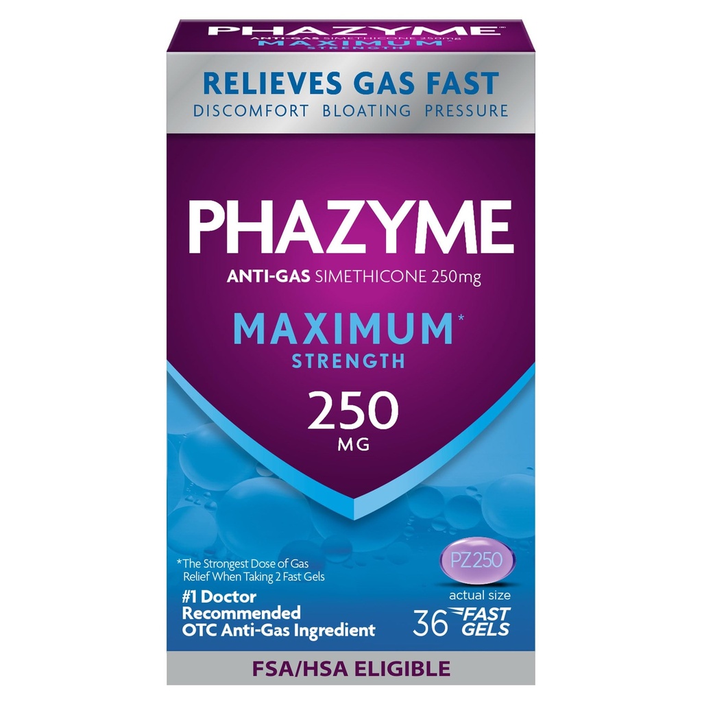 Phazyme מקסימלי * כוח אנטי-Gas 250 מ"ג סיוע גז Simethicone למבוגרים, Fast Gels במהירות Ease Bloating, Stress & Discomfort, 36 Count