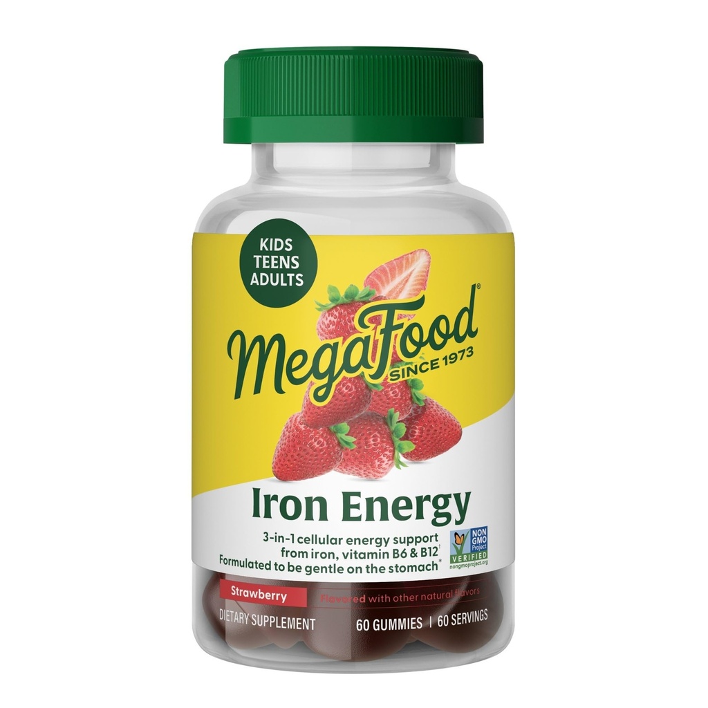 Megafood Iron Energy Gummies, תוספת ברזל לנשים, גברים, בני נוער וילדים עם ויטמין B12 & B6, ויטמינים, מן The Makers of Blood Builder, Strawberry Flavor, 60 Count Count