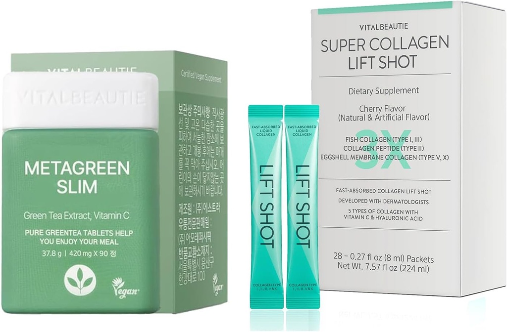SixTALBEAUTIE Metagreen Slim (Green Tea Extract, EGCG) 30 משרתי קולגן נוזלי לנשים, Super Collagen Lift Shot