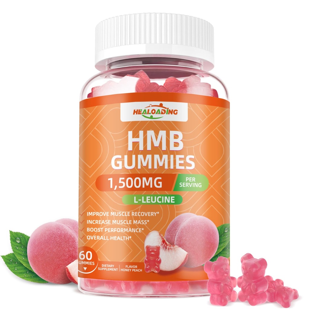 HMB ו-Leucine Gummies תוסף: תוספי HMB עבור גברים 1500 מ"ג ו-Leucine Amino Acid עבור שריר התאוששות הגדלת מסת שריר לשפר את ה-U-GMO סוכר חינם Peach 60 חניכיים