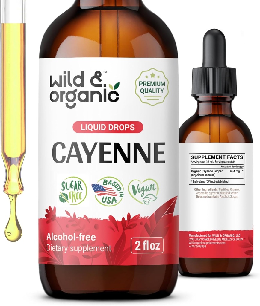 Wild & Organic Cayenne Pepper Tincture - תוספי Capsaicin לתמיכה העיכול - קייאן פפר לחלץ נוזל - טבעוני, אלכוהול חינם טיפות - 2 fl oz