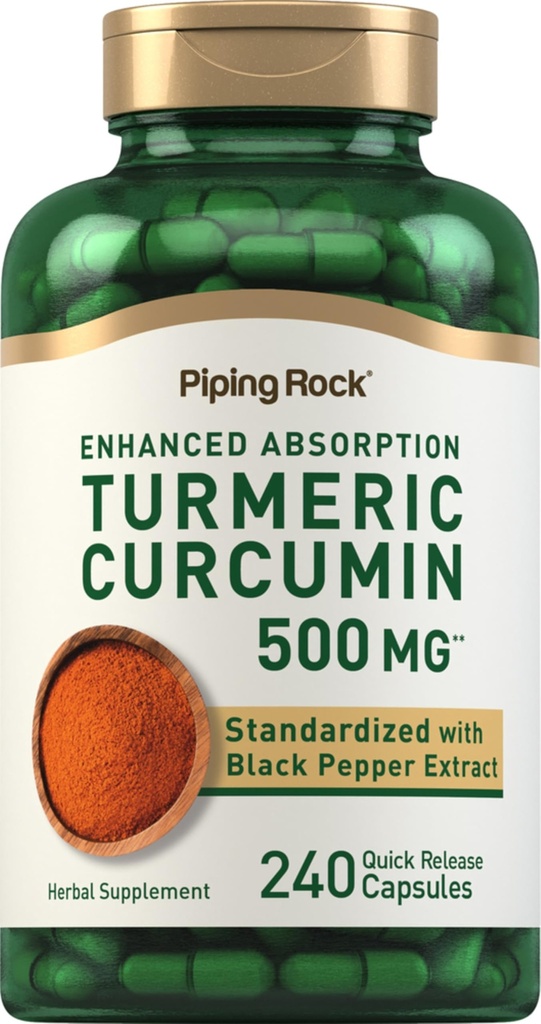 Piping Rock Turmeric Curcumin תוסף 500 מ"ג | 240 קפסולות | עם Black Pepper | הפקה סטנדרטית | Non-GMO, Gluten Freeten