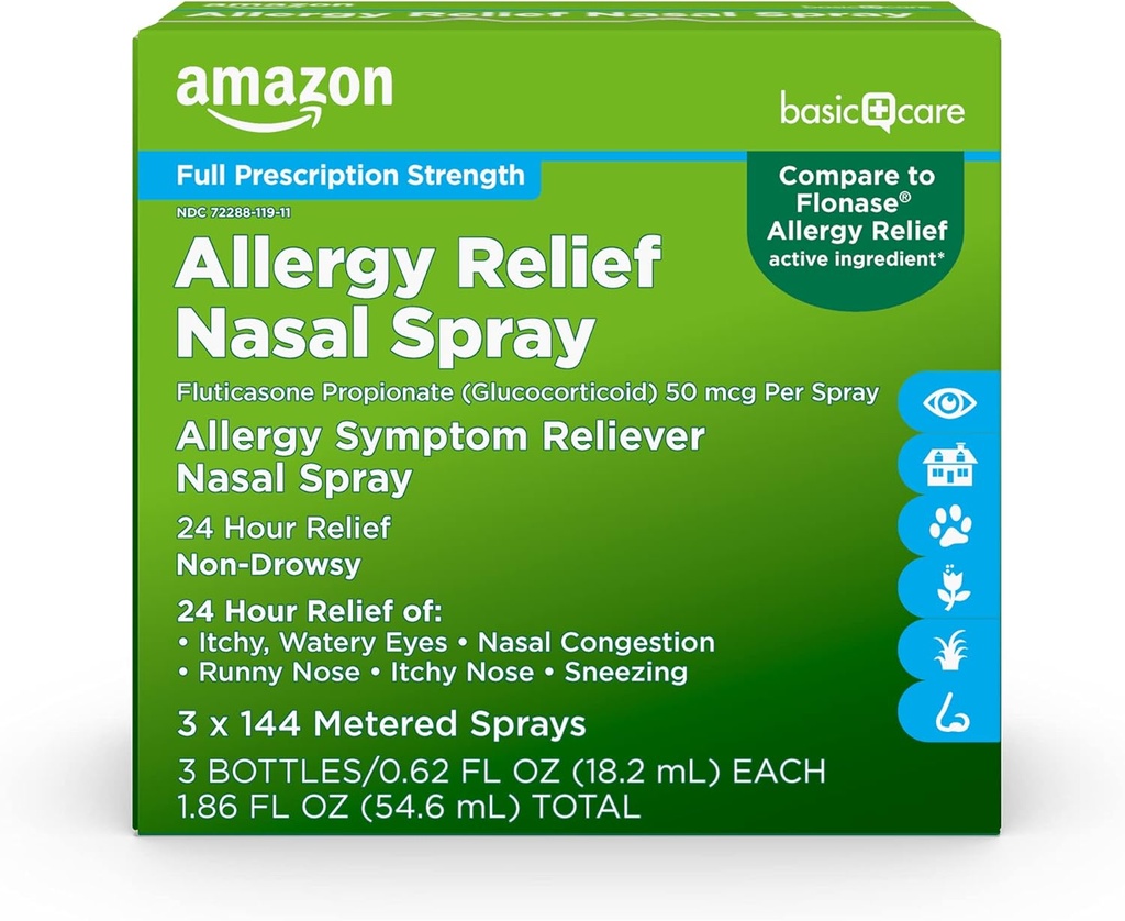 טיפול בסיסי 24Hour Allergy הקלה Nasal Spray, Fluticasone Propionate (Glucocorticoid) 50 mcg, כוח פרס מלא, non-Drowsy, 0.62 floz (Pack of 3)