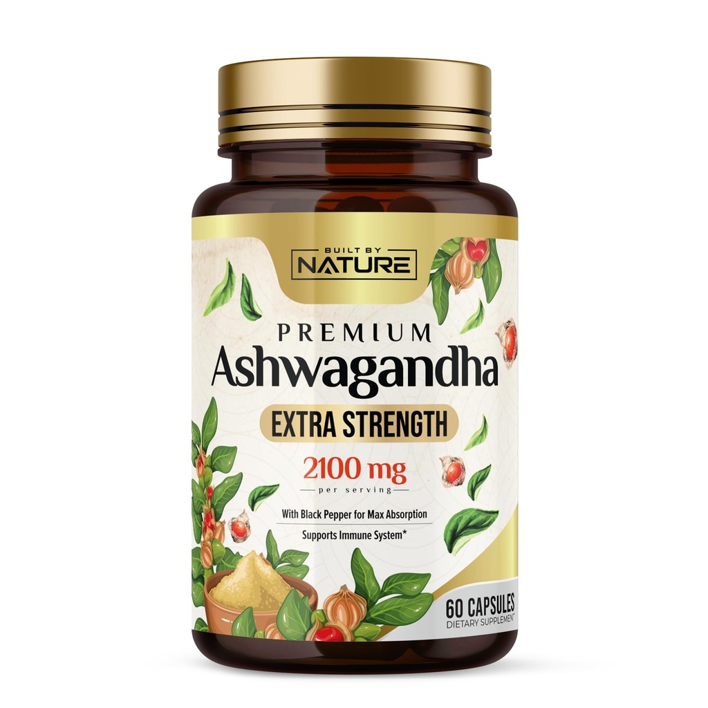 נבנה על ידי Nature Ashwagandha 2100 מ"ג תוספת כוח הקלה ותמיכה עם Black Pepper לחלץ עבור Max Absorption - Non-GMO, טבעוני, Gluten-Free - 60 קפסולות
