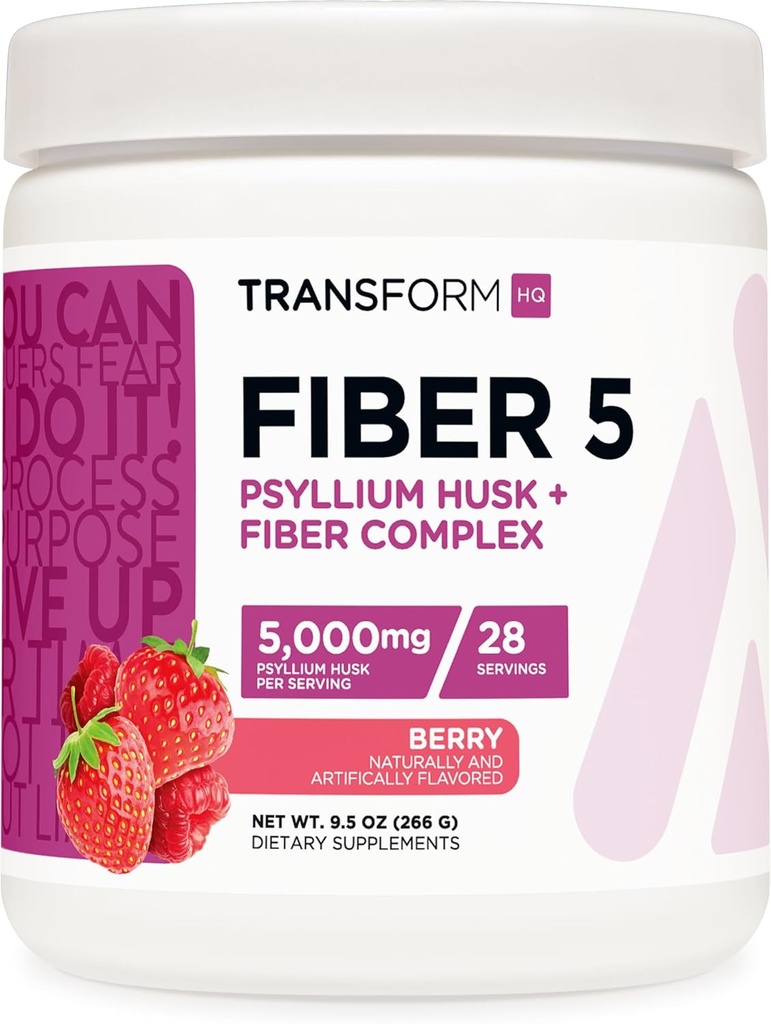 TransformHQ סיבים 5 Psyllium Husk תרכובת אבקה (Berry Flavor) (28 משרתים) - 5,000 מ"ג Psyllium Husk לכל משרת - בריאות עיכול, תוסף טבעי, Soluble Plant fiber בלנדר