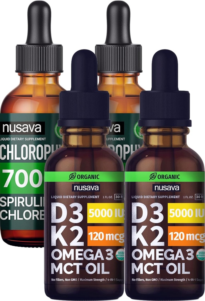 NUSAVA Unflavored D3 K2 טיפות ו- Chlorophyll נוזל טיפות בונדלה - ויטמין נוזלי פוטרנט ללב, משותף, אנרגיה, ותמיכה Immune - non-GMO, Gluten-Free, 2pk כל אחד