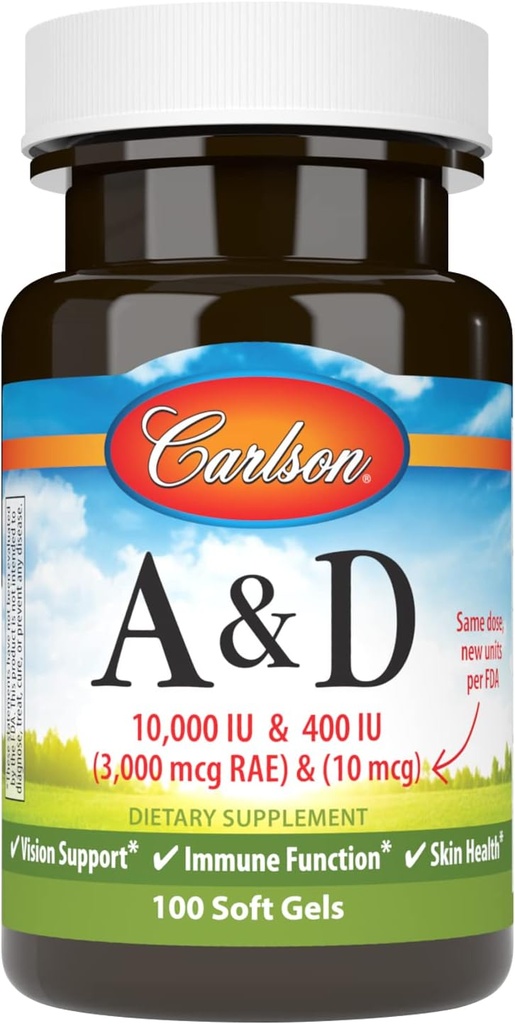 קרלסון - A & D, 10000 IU (3000 mcg RAE) ויטמין A, 400 IU (10 mcg) ויטמין D3, Vision Support, Skin Health, 100 Soft Gels