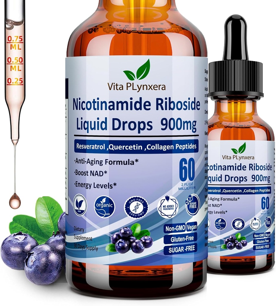 תוספי NAD עבור נשים וגברים, NAD Nicotinamide Riboside Resveratrol 900mg & Quercetin, Niacin, Collagen, Biotin, נוזל NAD Plus תוספת NR900 עבור Anti-Aging Skin Energy Longevity להתמקד המוח
