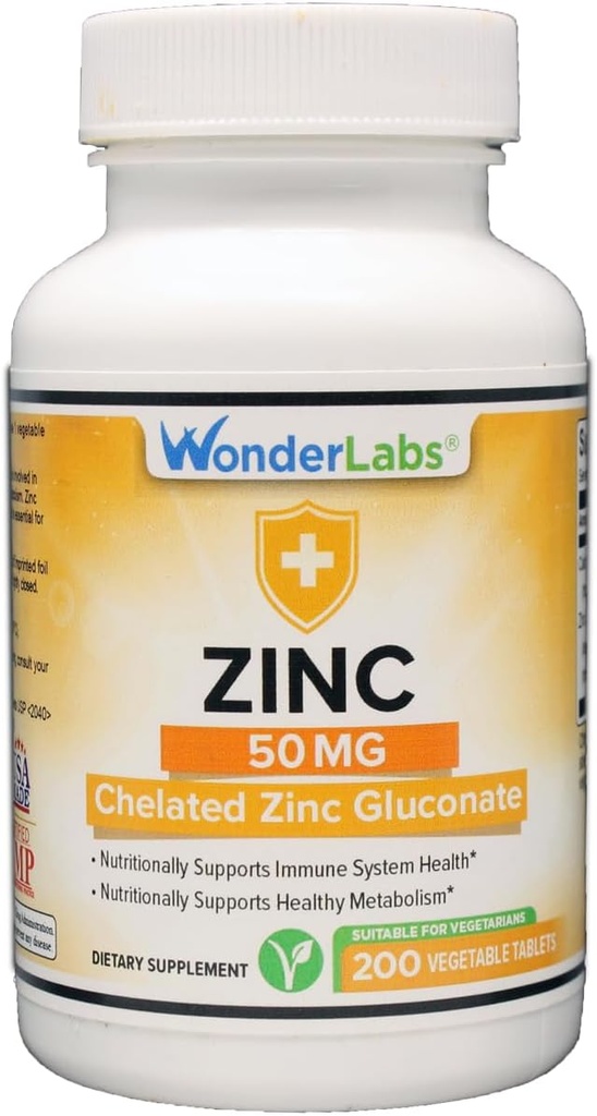 Wonder Laboratories Chelated Zinc Gluconate 50 מ"ג - תמיכה עור בריא, מערכת החיסון, גידול תאים ועוד - 200 טבליות Vegetarian