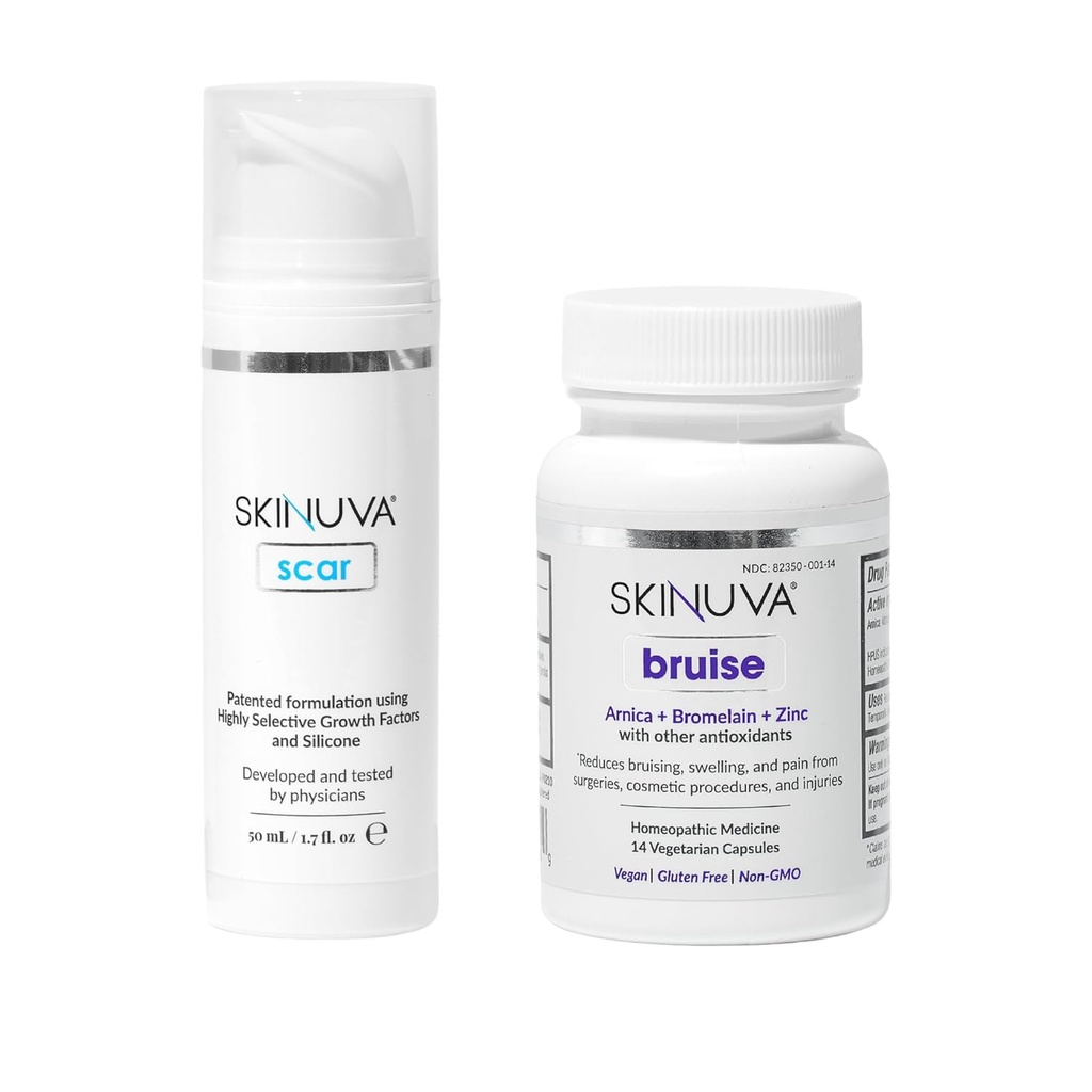 Skinuva® Scar (1.7 oz) & Bruise (14 קפסולות) - Advanced Silicone Cream פורמולה עם Growth Factors & Homeopathic Bruise Remedy פורמולה עם Arnica, Bromelain & Zincated