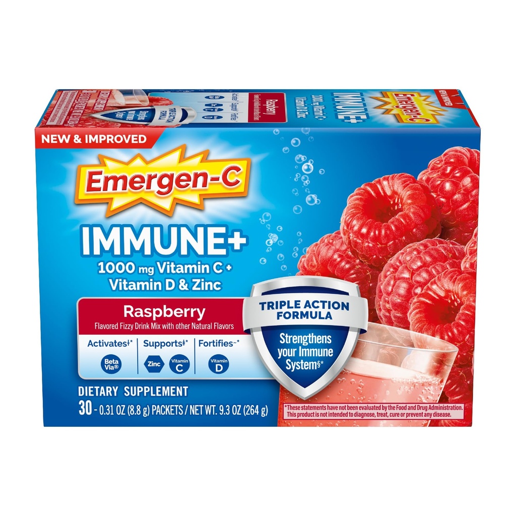 מתפתח-C Immune+ Triple Action Immune Supportאבק, BetaVia (R), 1000 מ"ג ויטמין C, ויטמין B, ויטמין D ואנטיoxidants, Raspberry, Back to School Essentials - 30 Count Count Count