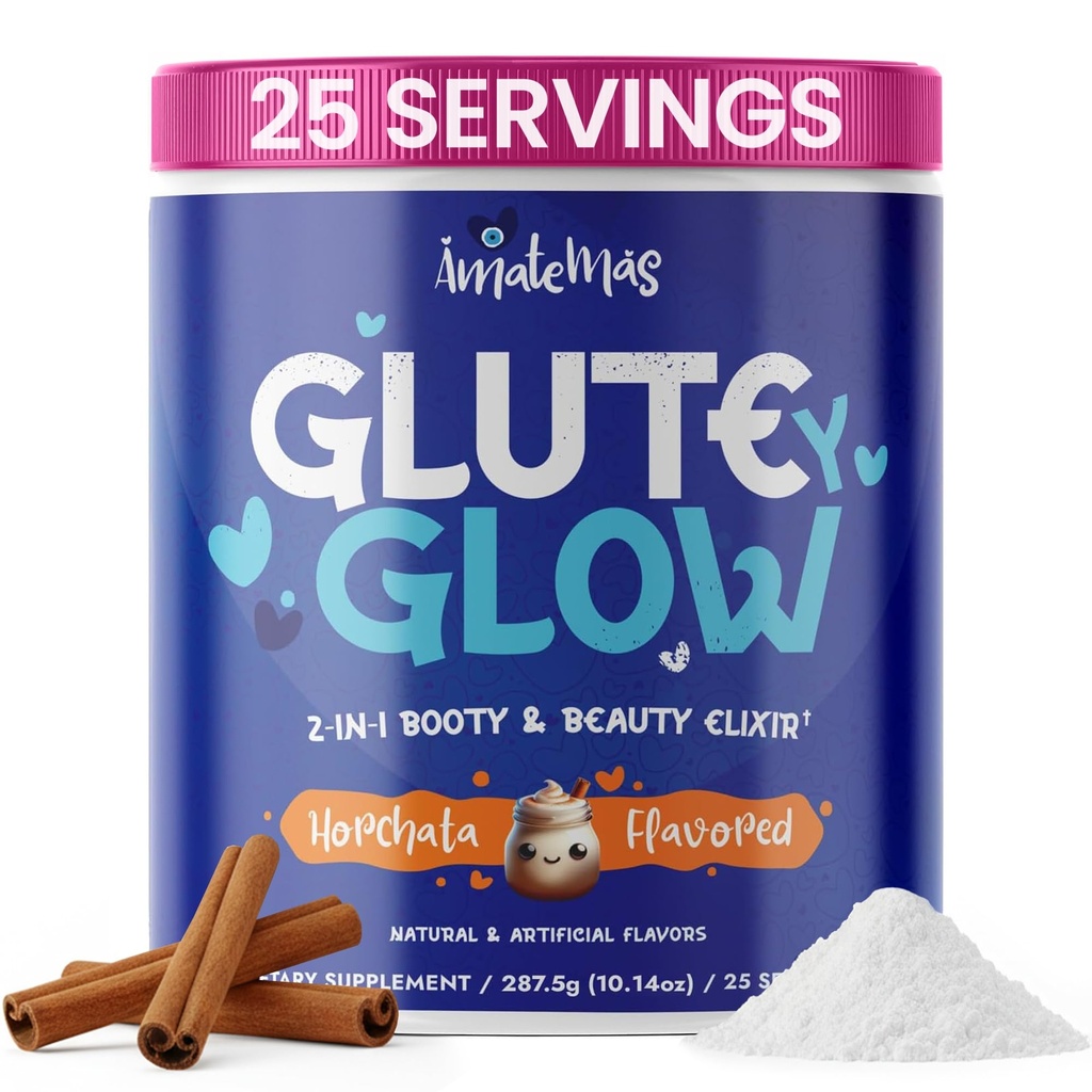 גלוטה Y Glow על ידי Amatemas - Women's Creatine + Biotin תוסף עבור צמיחה שרירית, תמיכה בגלוטה, שיער עור וציפורים - Horchata Flavor - תמיכה באנרגיה - שריר Lean - קרם ביצועים יומית