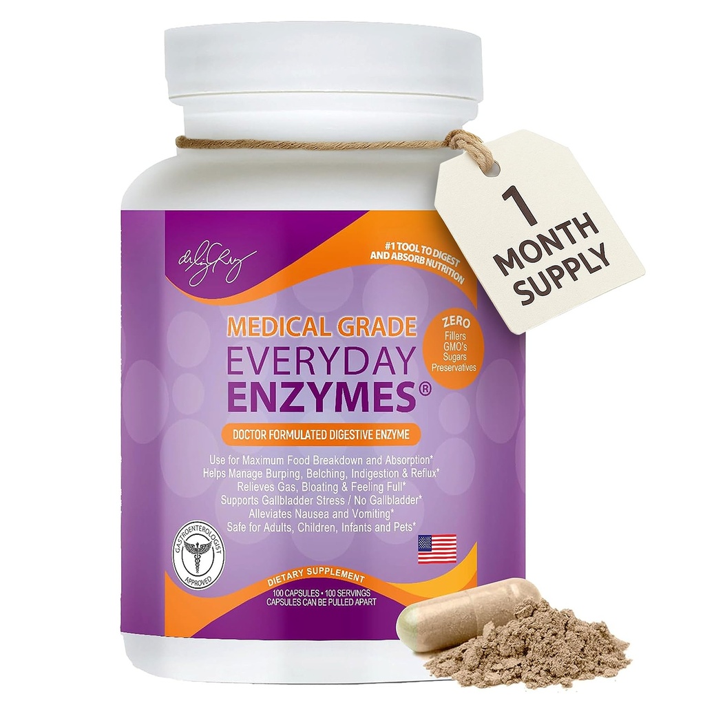 ד"ר ליז קרוז מדי יום ENZYMES - תוספי תזונה, תוספי תזונה, תוספי מזון רפואיים-Grade Super Enzymes, Bloating, Gas and Reflux Relief for Women, Men, & Children Non-GMO, 100 Veggie כמוסות