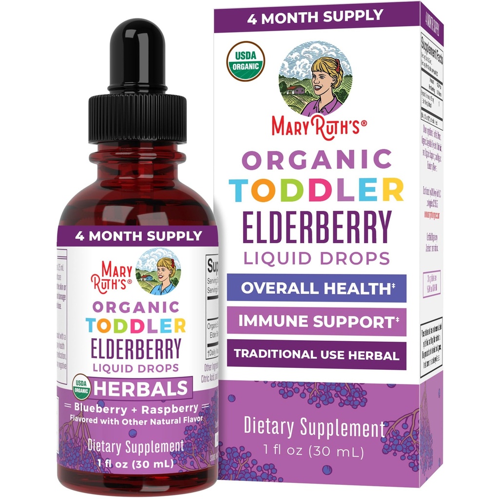 MaryRuth Organics Toddler Elderberry Syrup, USDA אורגני Elderberry, סוכר חינם ילדים Immune תמיכה תוספת עבור ימים 1-3 שנים, פרויקט תווית נקייה מאומת ®, טבעוני, non-GMO, Gluten Free, 1 Fl Oz Oz