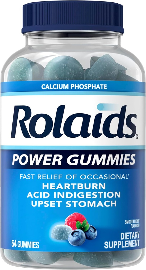 Rolaids Power Gummies, הקלה מהירה של צרבת Occasional ו Acid Indegestion, תוסף תזונתי, Smooth Berry, 54 חניכיים