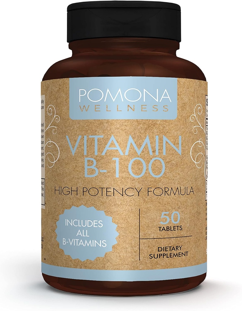 Pomona Wellness ויטמין B מורכב תוספת עם Folic Acid, High Potency Multivitamin, כל 10 ויטמין B כולל B12, תמיכה רמות אנרגיה, בריאות הלב, 50 טבליות