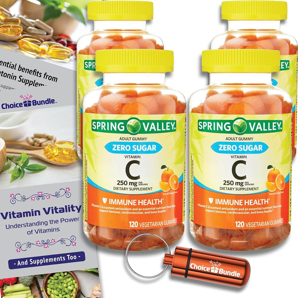 אפשרויות ב Bundle Spring Valley Zero Sugar ויטמין C Gummies תוספת 250 מ"ג 120 Ct 4 pk (480 Total) + ויטמין Guide & Pill Container (6 פריטים)!