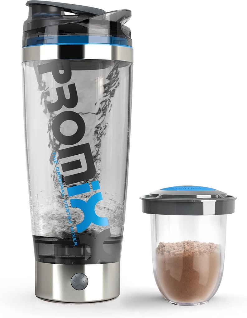 Promixx Pro Shaker Bottle (iX-R Edition) | Rechargeable, Powerful for Smooth Protein Shakes; כולל תוספת אחסון - BPA חינם | 20oz Cup (Silver Blue/Gray)